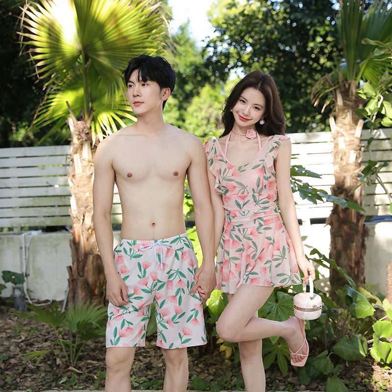 Couple Swimsuit Fashion Print Slimming Tummy Control Women'S Skirt-Style One-Piece Swimsuit Men'S Beach Shorts Couple Swimwear - Image 3